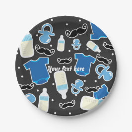 Prato De Papel Coisas de Baby Shower Menino Azul e Cinza Moderno