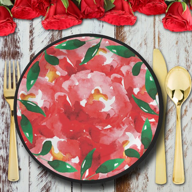 Prato De Papel Colagem Floral de Rosas Vermelhas Chic (Chic red roses collage floral paper plates)