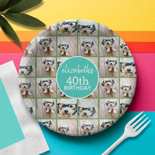 Prato De Papel Colagem Única de 6 Fotos - Feliz Aniversário Azul
