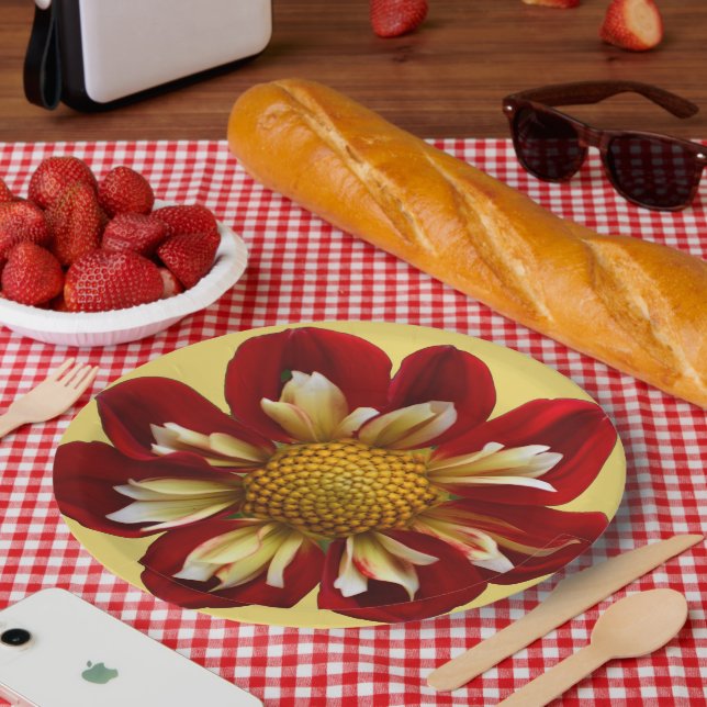 Prato De Papel Colarette Vermelho Dahlia em Floral Amarelo (Piquenique)