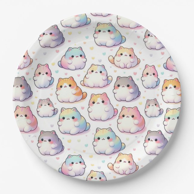 Prato De Papel Coleção De Gatos De Cartoon Chubby Com Corações (Frente)