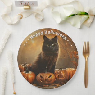Prato De Papel Coleção de Gatos Negros Felizes para Halloween