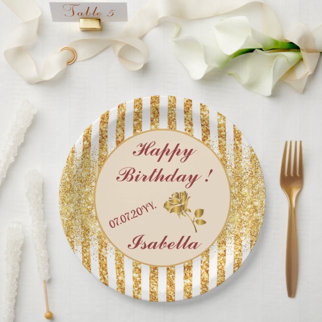 Prato De Papel Coleção de Listras Boho com Brilho Vertical Dourad (Casamento)