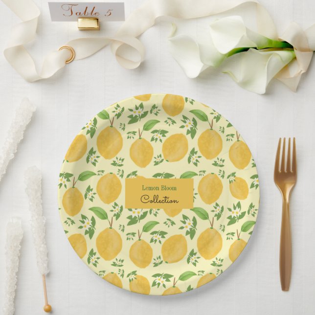 Prato De Papel Coleção Lemon Bloom amarela estampada (Casamento)