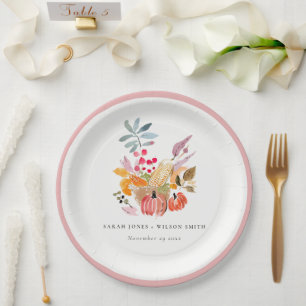 Prato De Papel Colheita de Outono Chic Abóbora Aquarela Casamento