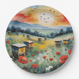 Prato De Papel Colmeias De Abelhas E Pópias Vermelhas Ao Sol