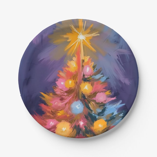 Prato De Papel Colorful Christmas Tree Lights Watercolor (Frente)