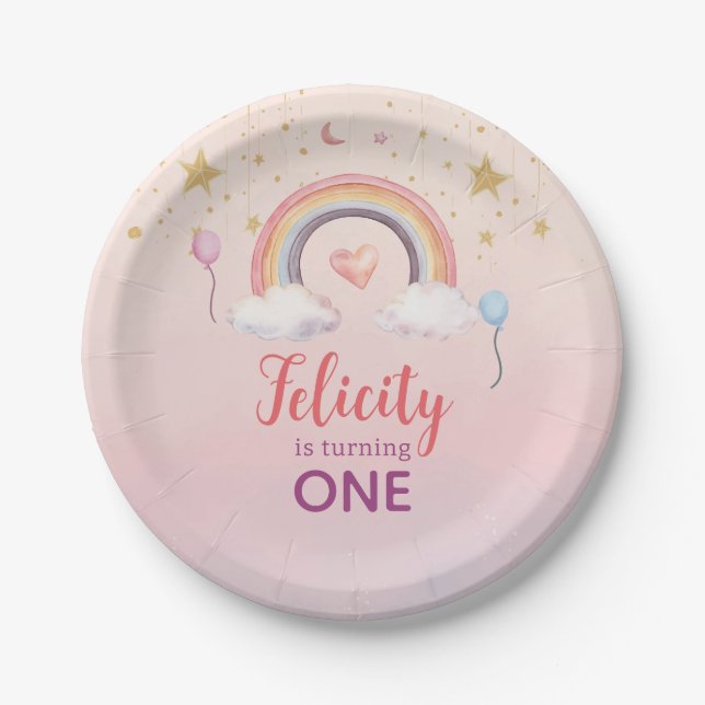 Prato De Papel Colorful Pastel Rainbow Girl Birthday (Frente)