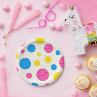 Prato De Papel Colorful Polka Dots Pink Blue Yellow Retro