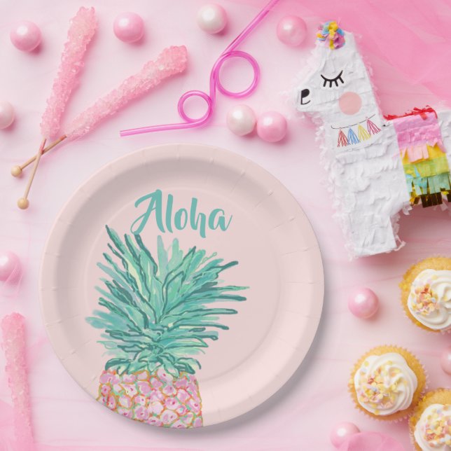Prato De Papel Colorful Tropical Pineapple Monogram (Festa)