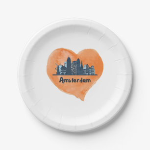 Prato De Papel Colorida Amsterdam City Skyline Watercolor Heart P