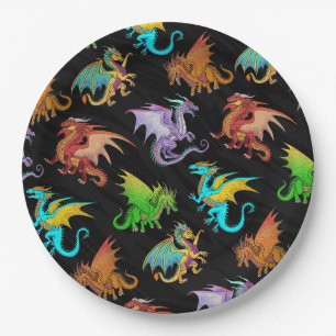 Prato De Papel Colorida Rainbow Dragons School