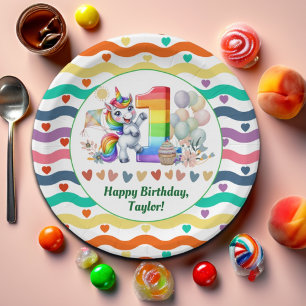Prato De Papel Colorida Rainbow e Unicorn primeiro aniversario Pa