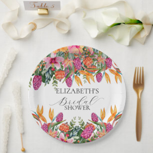 Prato De Papel Colorido Laranja Rosa Floral Tropical Chá de Noiva