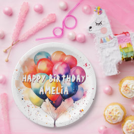 Prato De Papel Colorir Balões Crianças Feliz Festa de Aniversário