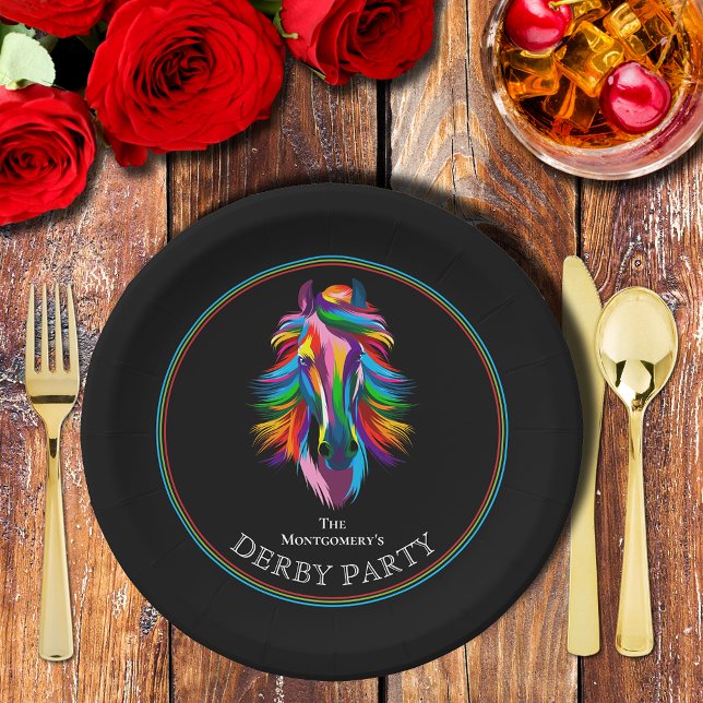 Prato De Papel Colorir Partido Racecavalo Derby (Colorful Racehorse Derby Party Black Paper Plates)