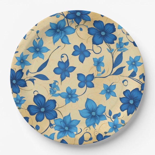Prato de papel com desenho de flor azul  (Frente)