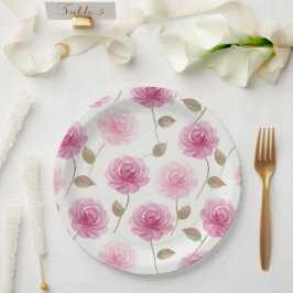 Prato de Papel com Elegante Padrão de Rosa em Aqua