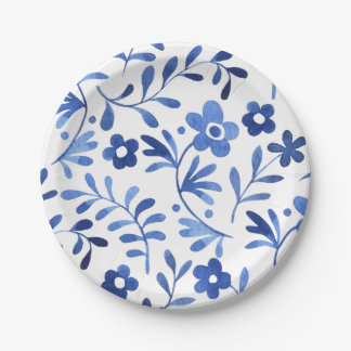 Prato de papel com estampa floral azul 