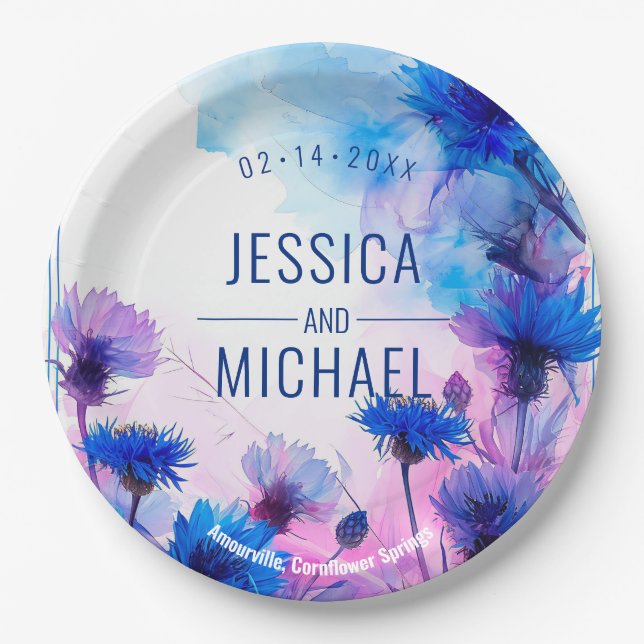 Prato De Papel 💍 com nomes Cornflower e Elegância Lavanda (Frente)