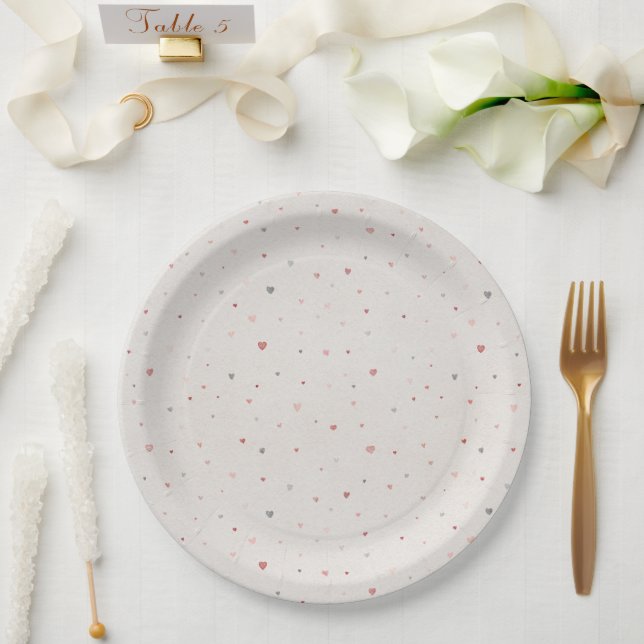 Prato de Papel com Padrão de Coração Neutro e Suav (Casamento)