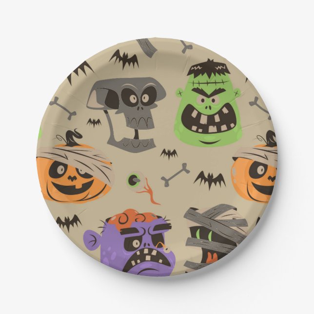 Prato de papel com padrão vintage de Halloween (Frente)