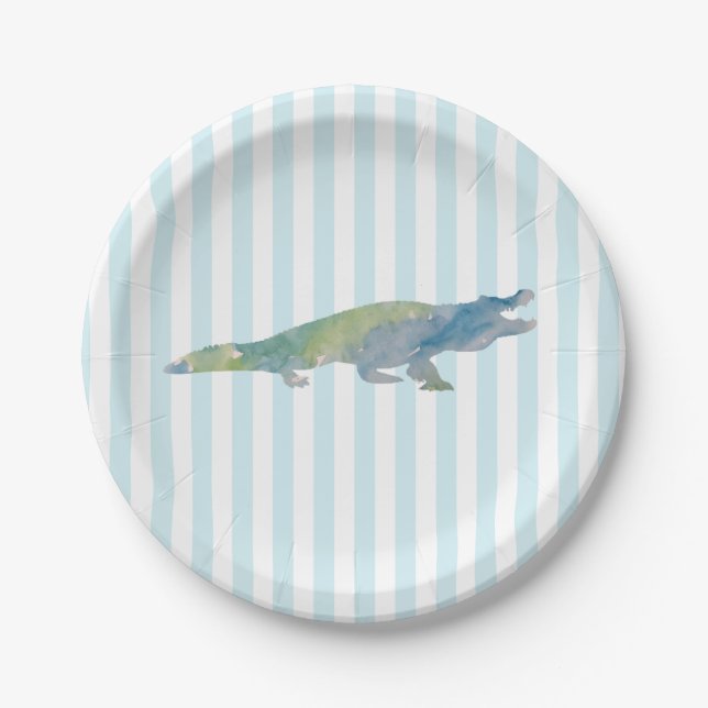 Prato de Papel com Pintura de Crocodilo Faixa Azul (Frente)