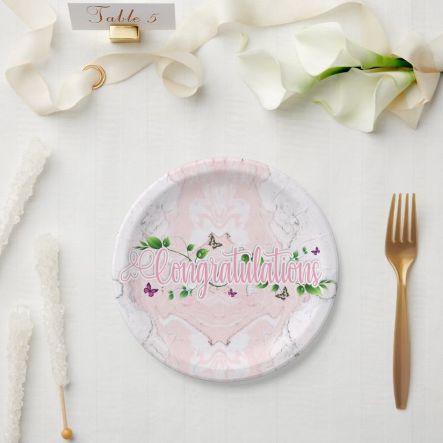 Prato de Papel com Texto de Parabéns em Floral Ros (Casamento)