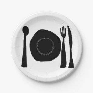 Prato De Papel Coma a chapa preta e branca e utensílios gráfico