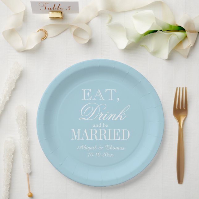 Prato De Papel Coma, beba & seja casado azul claro personalizado  (Casamento)