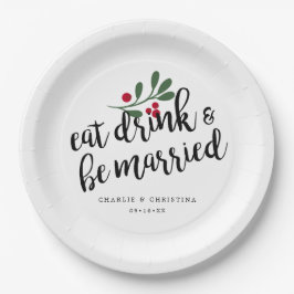 Prato De Papel Coma Bebida Feriada e Case-se com Berries de Natal