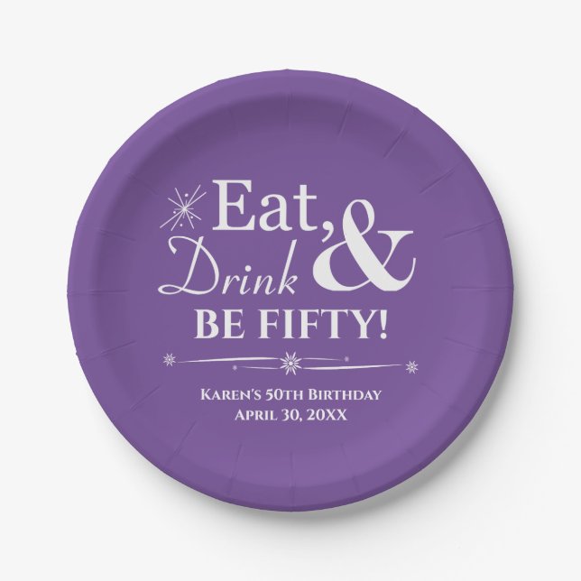 Prato De Papel Coma Roxo Beber 50 Vezes Por Volta 50 Anos Anivers (Frente)