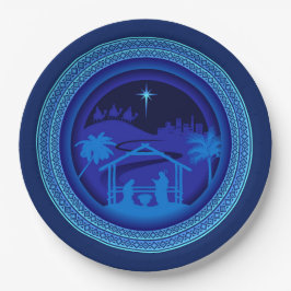 Prato De Papel Combinação de Azul Natividade Natal 9"