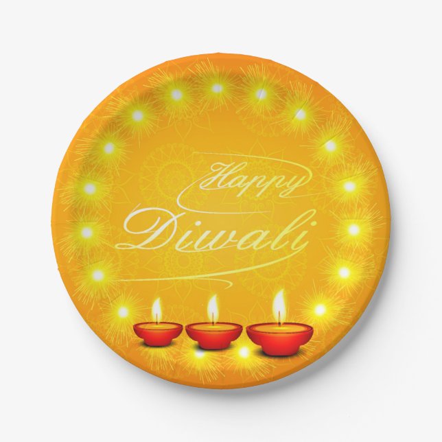 Prato De Papel Combinação de Feliz Diwali Amarelo de 7" (Frente)
