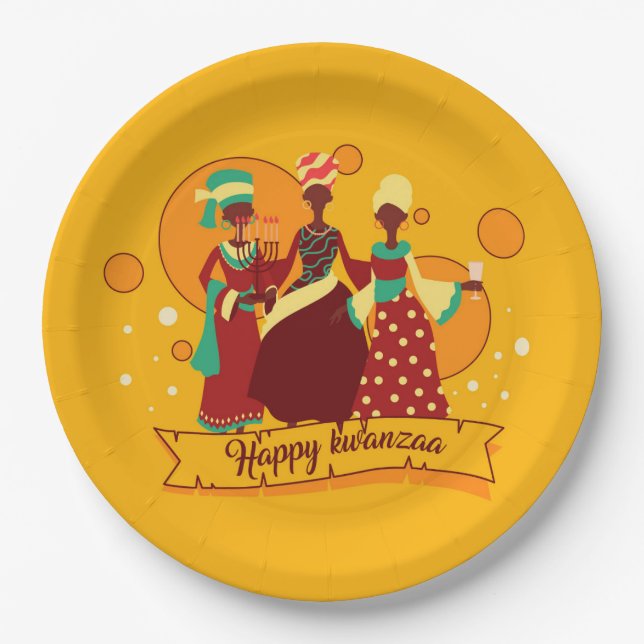 Prato De Papel Combinação de Happy Kwanzaa 3 Senhoras 9" (Frente)