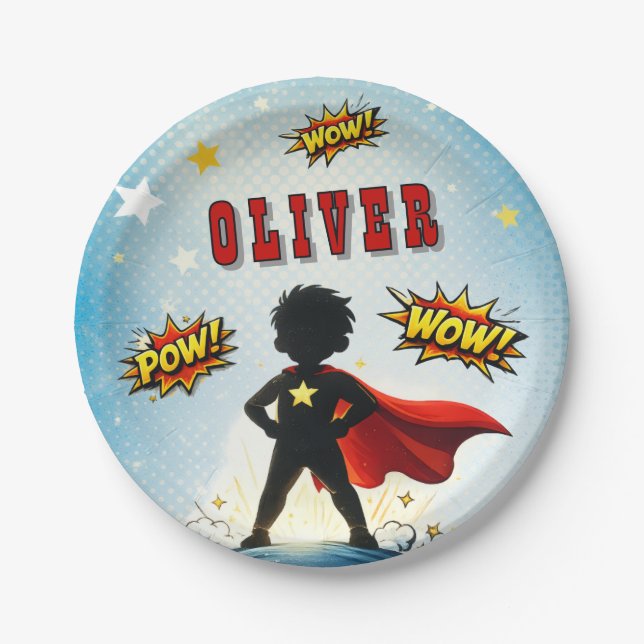 Prato De Papel Comic Style Superhero Boy's Name Birthday Party (Frente)