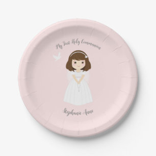 Prato De Papel Communion Dove Brunette Girl
