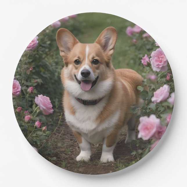Prato De Papel "Companheiro charmoso: um Corgi em um jardim rosa  (Frente)