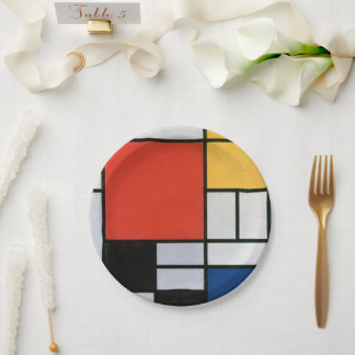 Prato De Papel Composição Mondrial Amarelo Vermelho Azul Preto