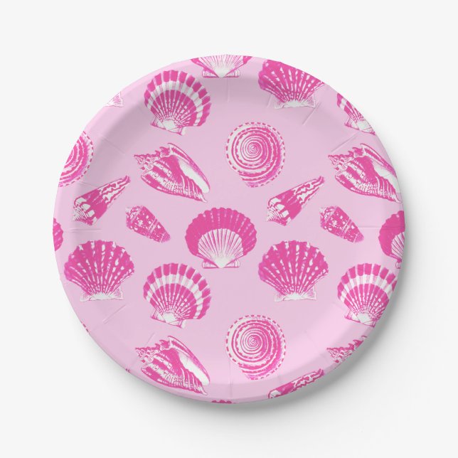 Prato De Papel Conchas - Fuchsia rosa e branco (Frente)