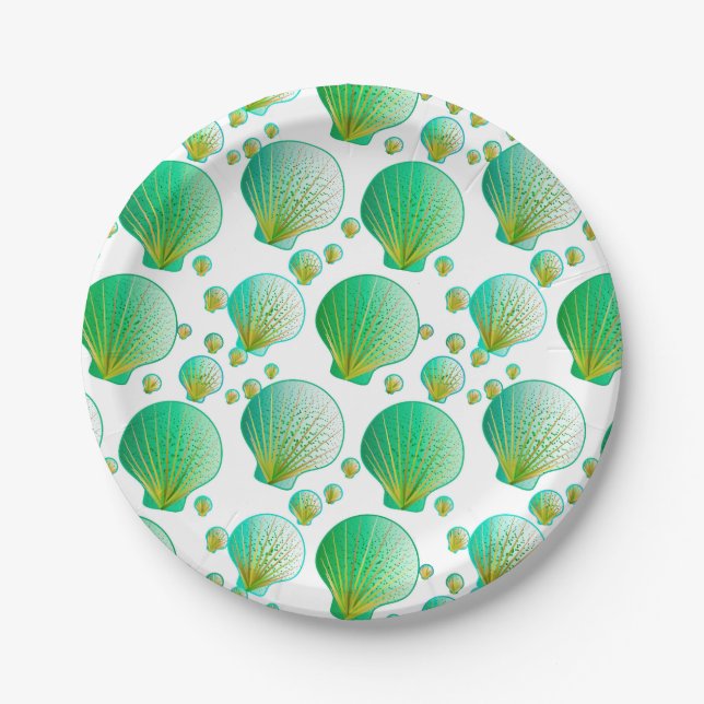 Prato De Papel Conchas verdes de marisco em branco (Frente)