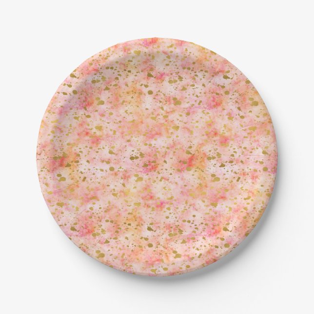 Prato De Papel Confetti Dourado de Aquarela Rosa-Chic (Frente)