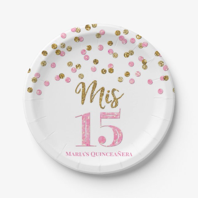 Prato De Papel Confetti Dourado Rosa Mis 15 Quinceanera (Frente)