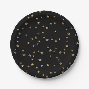 Prato De Papel Confetti ouro astros brilham brilhando preto elega
