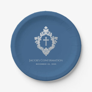 Prato De Papel Confirmação Menino Azul Clássico Cruz Crest Vintag
