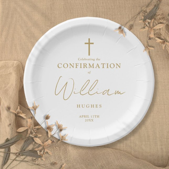 Prato De Papel Confirmação Minimalista Dourada Elegante (Elegant Gold Minimalist Confirmation Paper Plates)