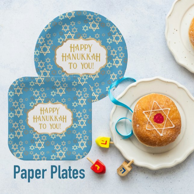 Prato De Papel Contemporâneo Happy Hannukah Star de David (They maybe paper plates, but they still look quite elegant!)