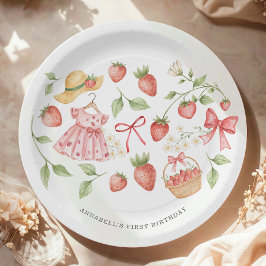 Prato De Papel Convite de 1º Aniversário Morango Primeiro Doce Fr
