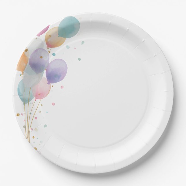 Prato De Papel Convite de Aniversário com Balões Pastel (Frente)