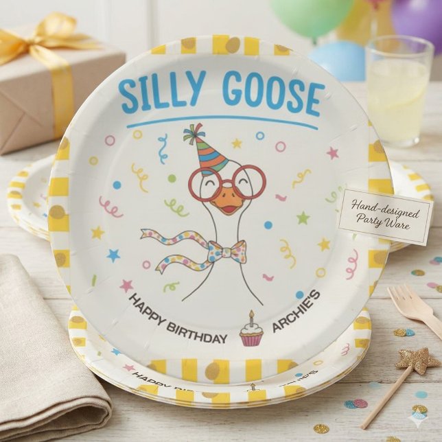 Prato De Papel Convite de Aniversário de Papel Silly Goose 1º Ani (Criador carregado)